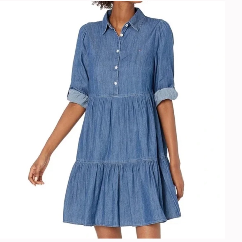 Tommy Hilfiger Chambray Ruffle Shirt Dress Sz 10